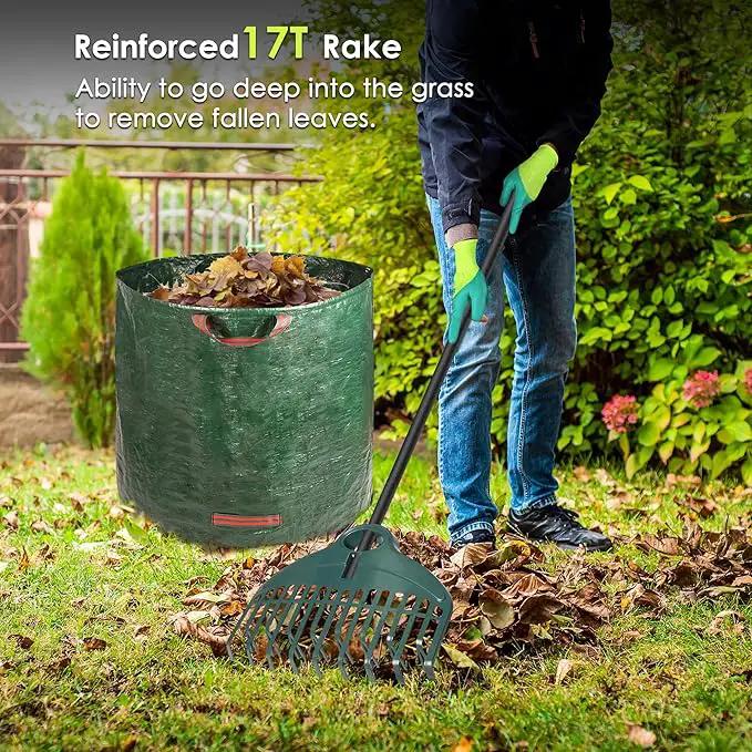 ORIENTOOLS 17Tines Double Row Garden Rake Set with 9Tines Leaf Hand Rakes, 272L Leaves Bin and Gardening Gloves for Scooping and Picking up Leaves, Clear and Collect Garden Rake Kit by GreenHaven Gardens