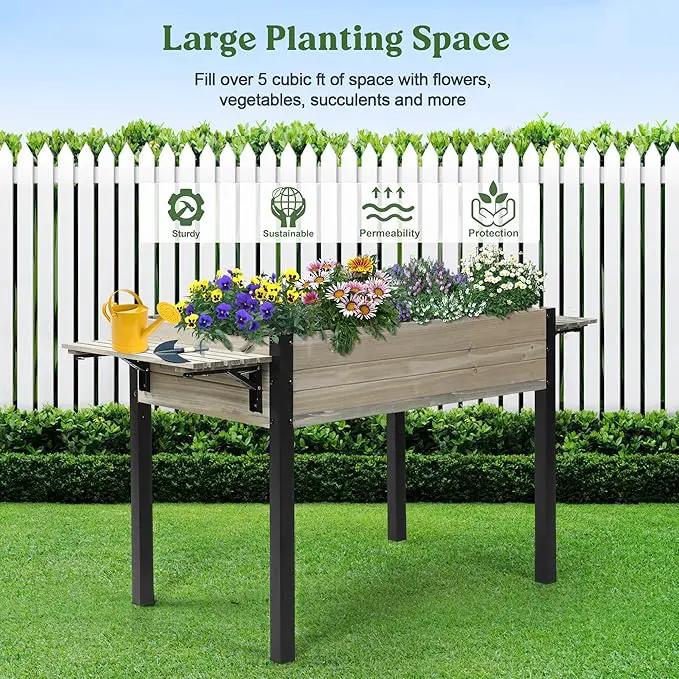 Raised Garden Bed, Metal Leg Wood Planter Boxes with Folding Storage Shelf,Elevated Planter Box for Growing Fresh Herbs, Vegetables, Flowers Great for Outdoor Patio, Deck, Balcony（Gray） by GreenHaven Gardens