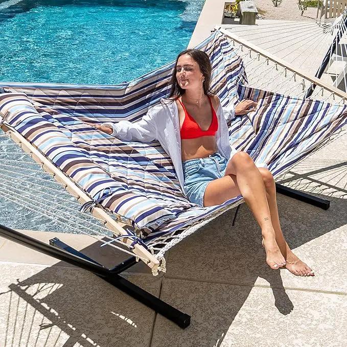 ANOW Outdoor Double Hammock with Stand, Portable Hammock with Detachable Pillow and Pad for Garden Yard Outside, 450 LBS Weight Capacity, Blue Seaside by GreenHaven Gardens