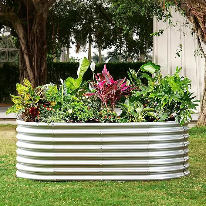 Land Guard 24“ Tall Galvanized Raised Garden Bed Kit, Galvanized Planter Garden Boxes Outdoor, Oval Large Metal Raised Garden Bed for Vegetables (Classic Silver, 4×2×2ft) by GreenHaven Gardens