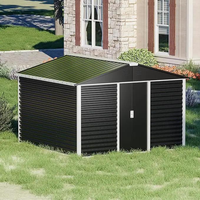 Metal Outdoor Storage Shed 10FT x 10FT, Steel Utility Tool Shed Storage House with Sliding Door, Metal Sheds Outdoor Storage for Backyard Garden Patio Lawn, Black by GreenHaven Gardens