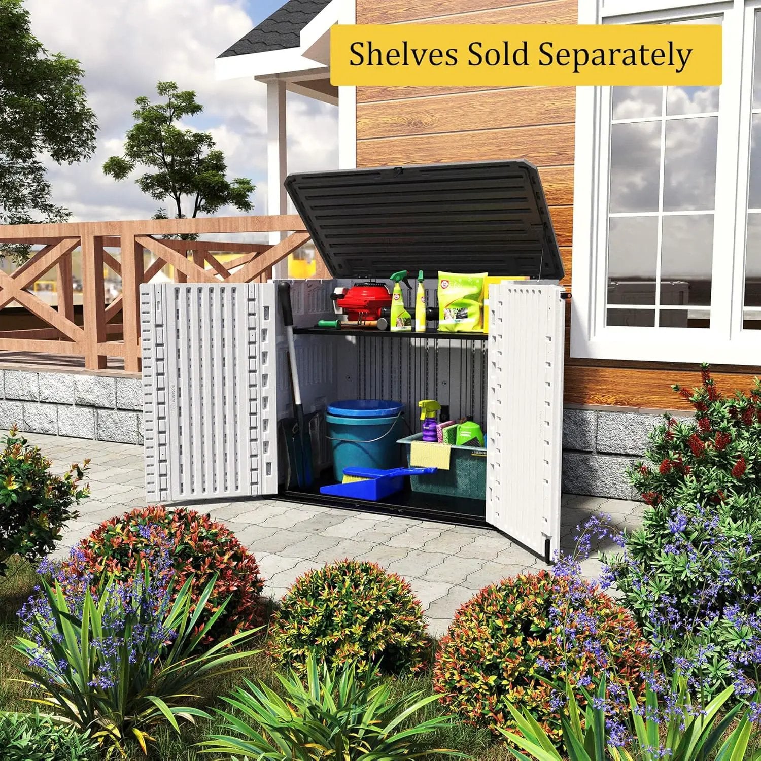 HOMSPARK Storage Shed Weather Resistance, Multi-Purpose Outdoor Storage Cabinet Waterproof, Outdoor Storage Cabinet for Bike, Garbage Cans, Lawnmower, Garden Accessories (off white, Standard-26 cu ft) by GreenHaven Gardens