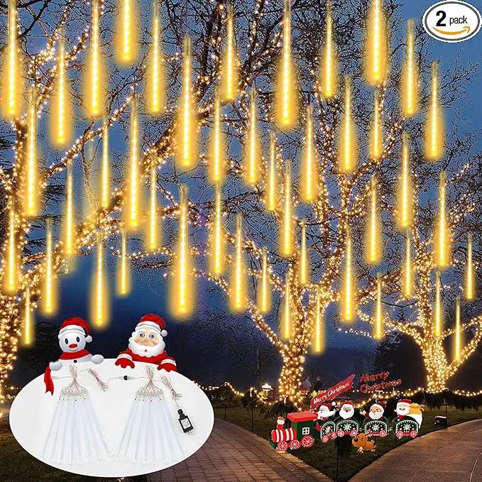 YIQU 2-Pack Extendable Meteor Shower Christmas Lights - 16 Tubes, 384 Led Icicle Lights Perfect for Outdoor, Patio Decorations (Warm White) by GreenHaven Gardens