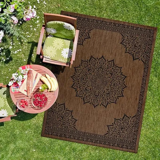 CAMILSON Outdoor Rug, 9x12 Medallion Nut Brown Black Modern Area Rugs for Large Indoor and Outdoor Patios, Kitchen and Hallway Mats, Washable Porch Deck Outside Carpet (Nut Brown Black, 9 x 12) by GreenHaven Gardens