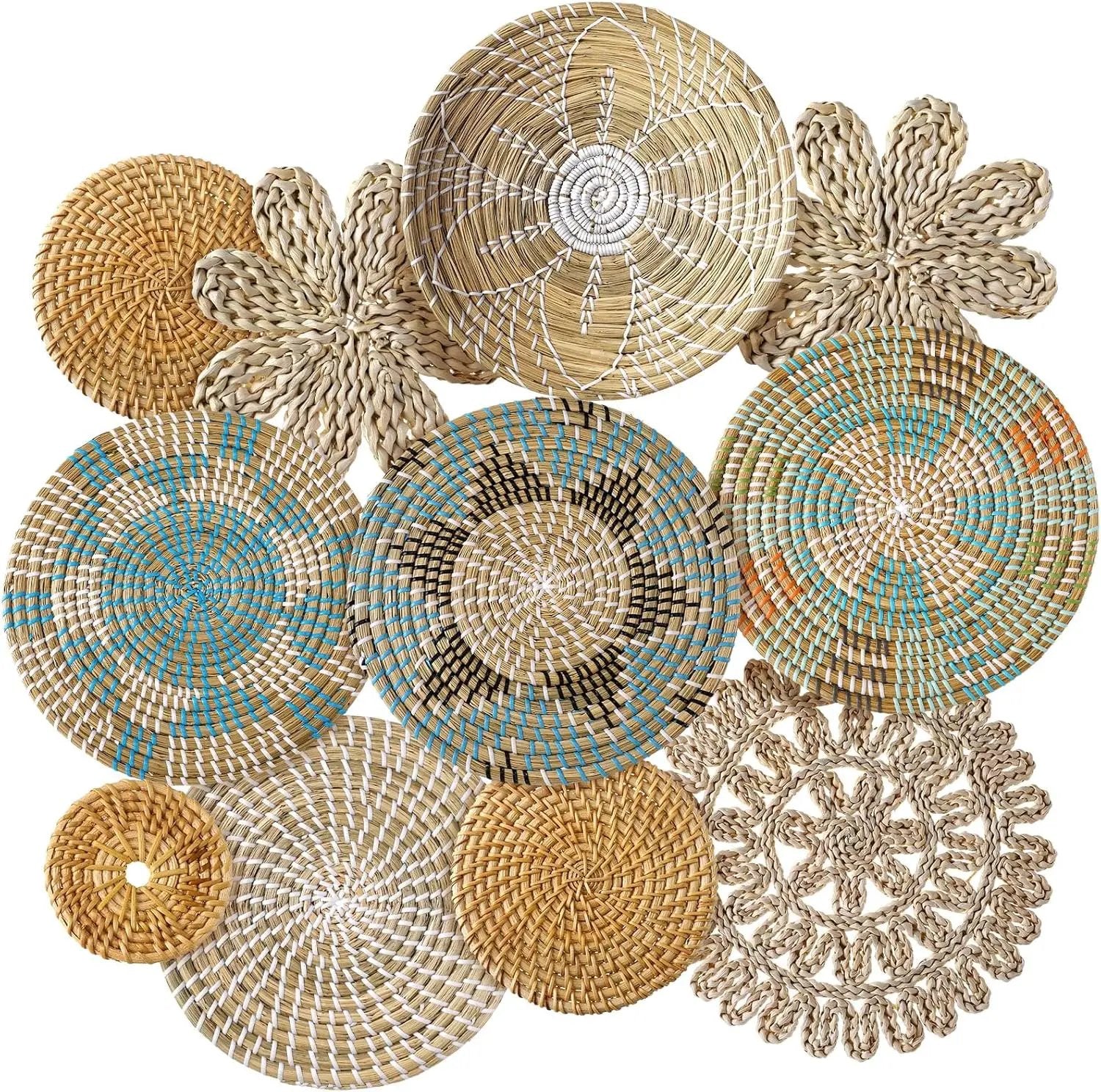 Xuhal 11 Pcs Boho Hanging Wall Basket Decor Handmade Woven Basket Wall Decorative Boho Wicker Baskets Placemats Round Farmhouse Bulrush Art for Rustic Home Decorations Christmas Gift(Bright) by GreenHaven Gardens