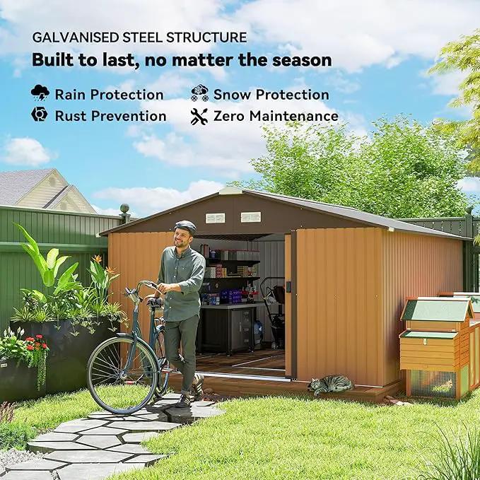 Outsunny 11' x 13' Outdoor Storage Shed, Garden Tool Metal Shed with Foundation Kit, Double Lockable Door, Air Vents and Sloping Roof, for Backyard, Patio, Lawn, Yellow by GreenHaven Gardens