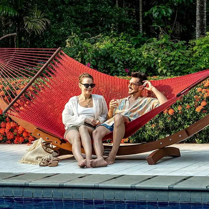 Lazy Daze Hammocks 10.5 FT Double 2 Person Caribbean Rope Hammock, Hand Woven Polyester Hammock with Spreader Bars, for Outside Outdoor Backyard Patio Poolside,450 LBS Capacity,Red by GreenHaven Gardens
