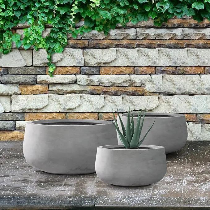 Kante 19.6",15.7",11.8" Dia Round Concrete Planters Set of 3, Outdoor Indoor Garden Plant Pots with Drainage Hole and Rubber Plug, Modern Curvaceous Design, Natural Concrete by GreenHaven Gardens