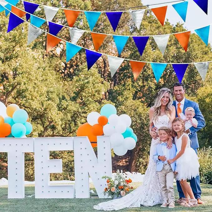 Orange Blue Silver Party Decorations Metallic Fabric Triangle Pennant Banner Flag Bunting Garland for Space Theme Birthday Wedding Bridal Shower Baby Shower Engagement Graduation Party Supplies by GreenHaven Gardens
