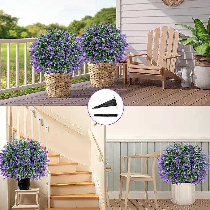 Artificial Boxwood Topiary Ball with Lavender, Set of 2 Artificial Shrub Bushes with Ground Spike, Fake Evergreen Tree for Porch, Artificial Plants for Outdoor Planters Indoor UV Resistant by GreenHaven Gardens