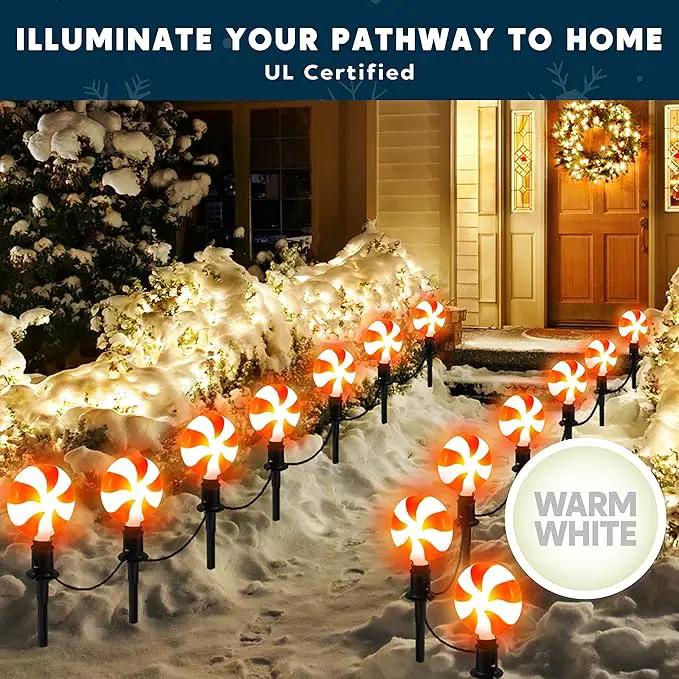 Joiedomi Set of 14 Christmas Lollipop Pathway Lights Outdoor with Stakes and Clips, 14.3 FT Plug in Peppermint Walkway String Lights for Christmas Decoration, Yard, Pluggable, Hangable, Waterproof by GreenHaven Gardens