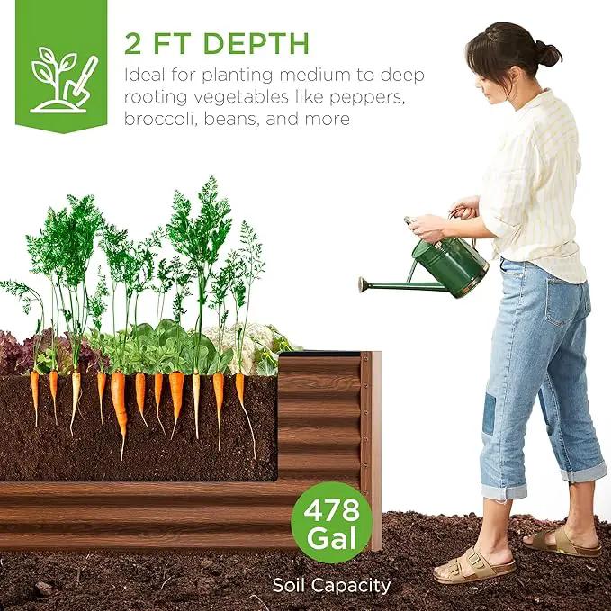 Best Choice Products 8x4x2ft Outdoor Metal Raised Garden Bed, Deep Root Planter Box for Vegetables, Flowers, Herbs, and Succulents w/ 478 Gallon Capacity - Wood Grain by GreenHaven Gardens