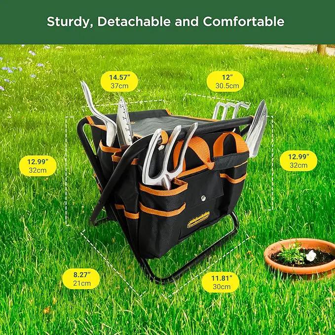 Gardening Tool Set, Stainless Steel 7-Piece Gardening Tools with Heavy-Duty Folding Stool and Detachable Canvas Tote Bag, Black and Orange, Ideal Gardening Gifts for Women and Men by GreenHaven Gardens