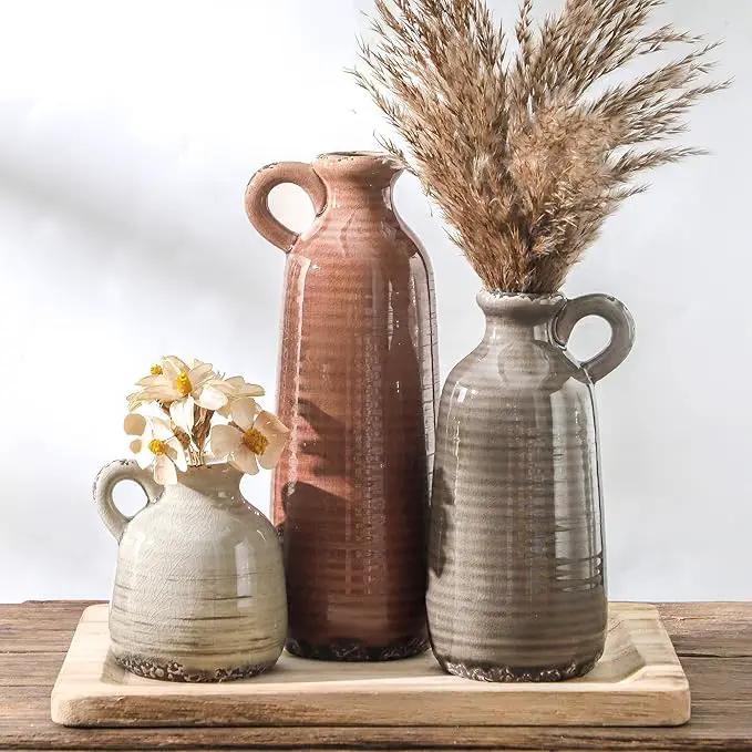 Ceramic Vases Set of 3, Neutral Rustic Farmhouse Vase with Handle, Decorative Flower Vases Home Decor Modern Boho Pampass Vase for Table Mantel Entryway Shelf Living Room Kitchen Bathroom - Brown by GreenHaven Gardens