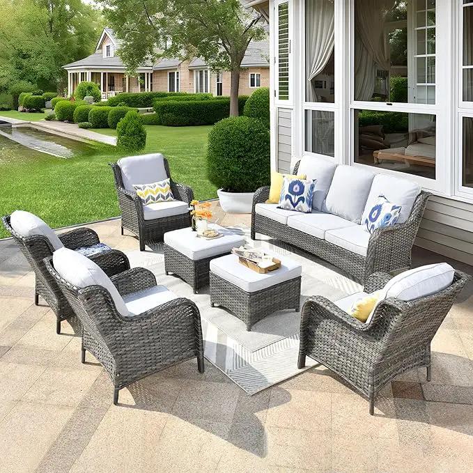 ovios 7 Pieces Patio Furniture Set, Outdoor Wicker Sofas with 4 Chairs, Ottomans and Comfy Cushions, All Weather High Back Couch Set for Deck Porch, Grey Rattan, Grey by GreenHaven Gardens