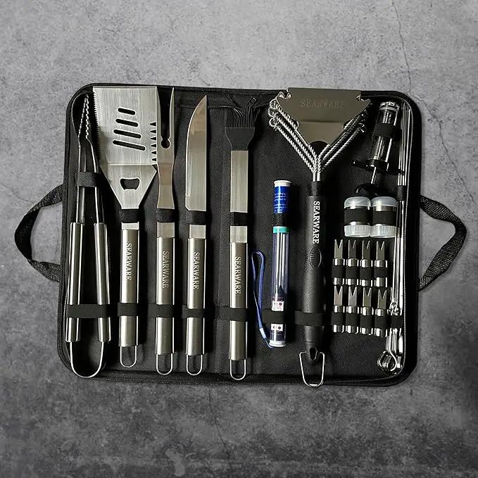 Barbecue Grill Tool Set - Stainless Steel - Strong Durable Design - Heat Resistant Glove & Bristle Free Grill Brush - Thermometer, Meat Injector, & Corn Skewers - Perfect For Smokers & Grills by GreenHaven Gardens