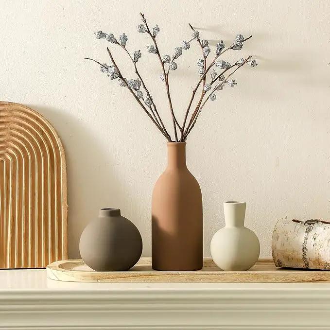 Vase Set of 3 | Ceramic Neutral Vases Home Decor | Rustic Flower Pottery Vases Modern Farmhouse Vase for Table Entryway Mantel Centerpiece Bookshelf Living Room Bathroom Bedroom -Brown Large by GreenHaven Gardens