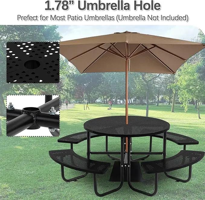46'' Steel Round Picnic Table for Outdoors, Expanded, Lifetime Picnic Table with Umbrella Hole, Heavy Duty Sturdy Commercial Picnic Tables for Garden Courtyard BBQ, Black by GreenHaven Gardens