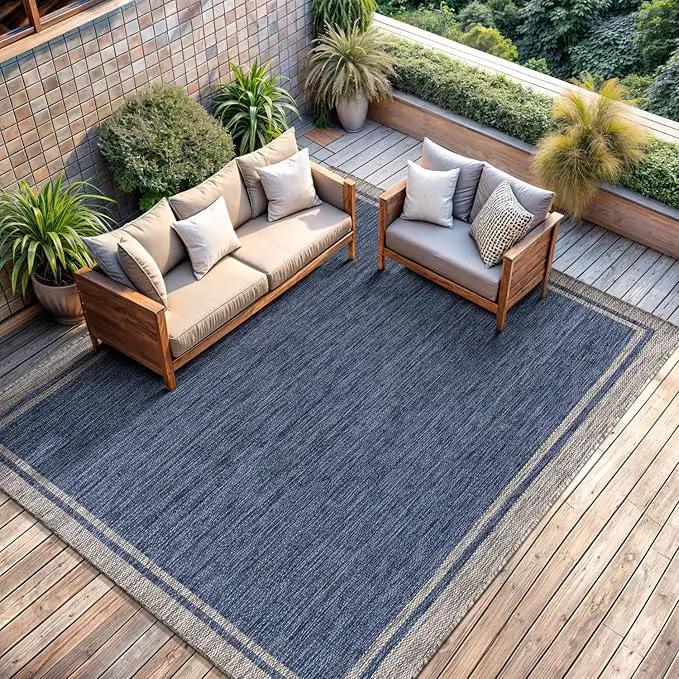 CAMILSON Outdoor Rug, 9x12 Bordered Navy Blue Gray Modern Large Area Rugs for Indoor and Outdoor Patios, Porches Waterproof Washable Porch Deck Outside Carpet (Bordered Navy, 9 x 12) by GreenHaven Gardens