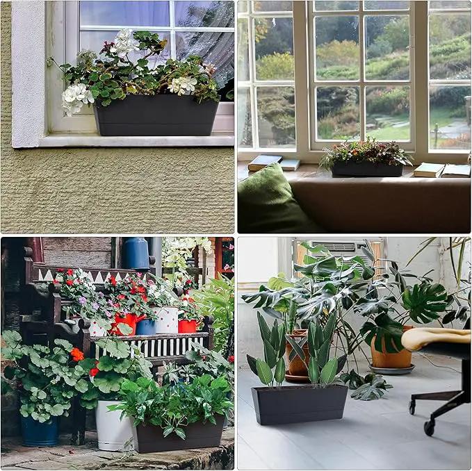 GREANER 12x3.8 Inch Herb Planters, 1 Pack Rectangle Window Boxes with Tray, Indoor Succulent Cactus Mint Plastic Pot for Windowsill, Balcony, Office, Outdoor Garden - Black by GreenHaven Gardens