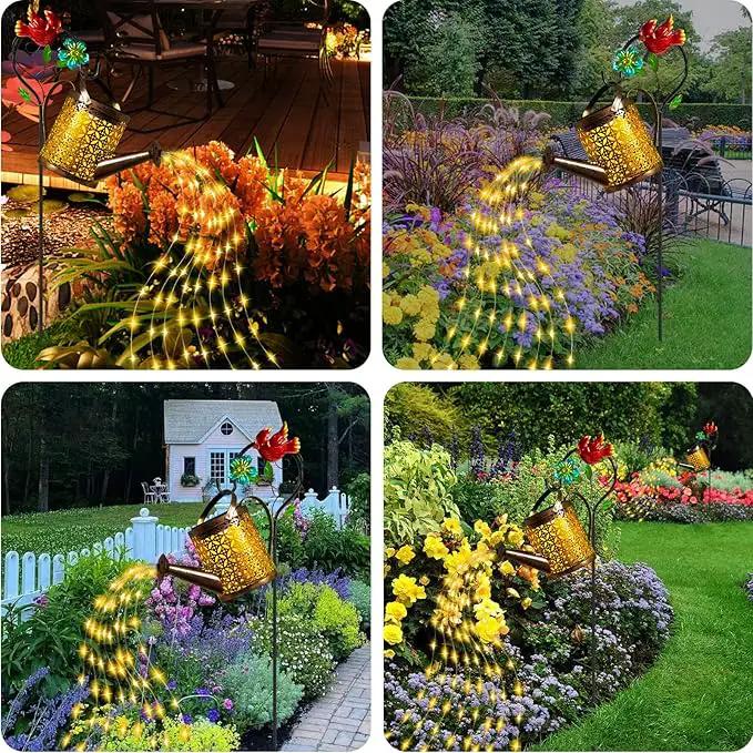 Solar Metal Watering Can with Cardinal Shepherd Hook and Cascading Lights - Outdoor Solar Lantern for Garden, Yard, Patio - Christmas Decor and Gardening Gifts for Women by GreenHaven Gardens