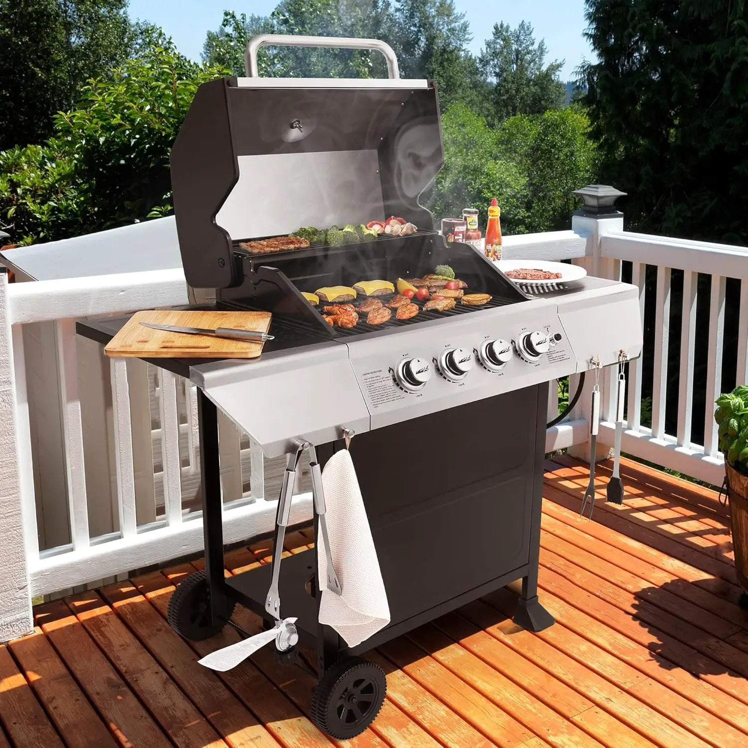 Royal Gourmet 4-Burner Propane Gas Grill with Warming Rack, Outdoor BBQ Grill with 34,000 BTUs Output for Patio Garden Barbecue Grilling, Black & Silver by GreenHaven Gardens
