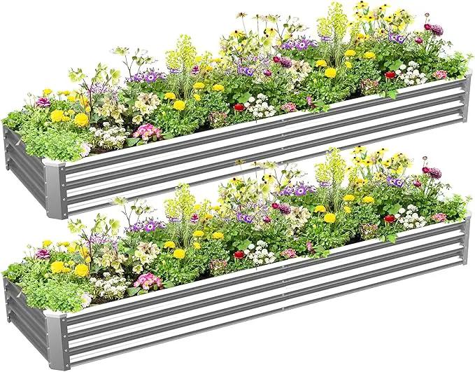8x2x1ft(2 Pack) Galvanized Raised Garden Bed for Gardening,Metal Planter Boxes Outdoor Patio Kit Planting Bed for Vegetables Flowers Herb,Silver by GreenHaven Gardens