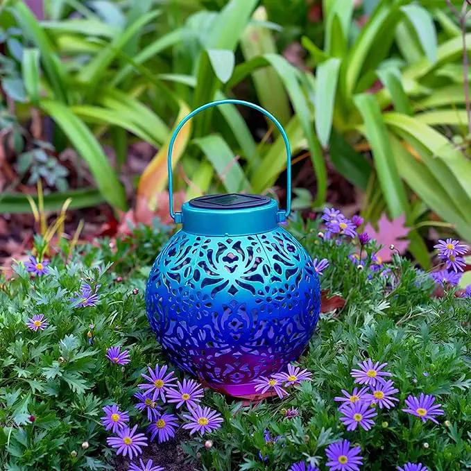 2 Pack Outdoor Solar Hanging Lantern Lights Metal LED Decorative Lamp for Garden Patio Courtyard Lawn and Table with Hollowed-Out Design (Royal Purple) by GreenHaven Gardens