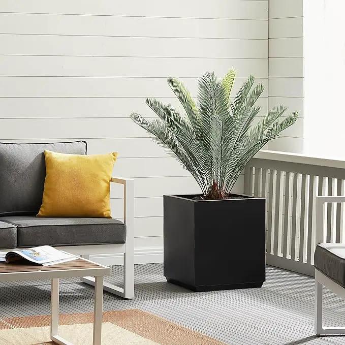 Metallic Heavy Cube Planter Box, No Assembly Required, Seamless Large Black Outdoor Planter 17”Lx17”Wx20”H 24Pounds Black with Hand Brushed Gold Rim by GreenHaven Gardens