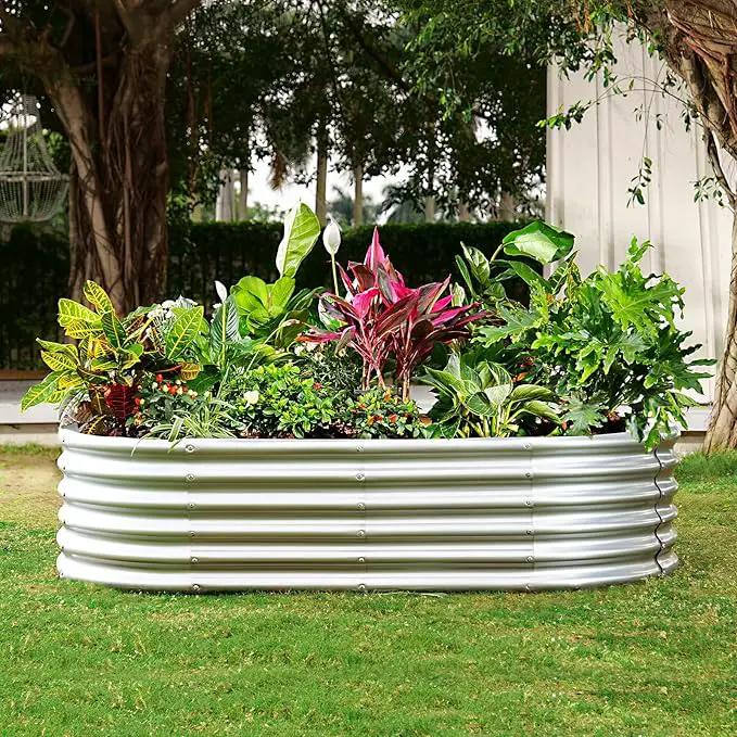 Land Guard Galvanized Metal Raised Garden Bed Kit, 8x4x1.5ft Large Planter Boxes Outdoor, Oval Gardening Box, Patio Garden Planter Box for Vegetables (Silver) by GreenHaven Gardens