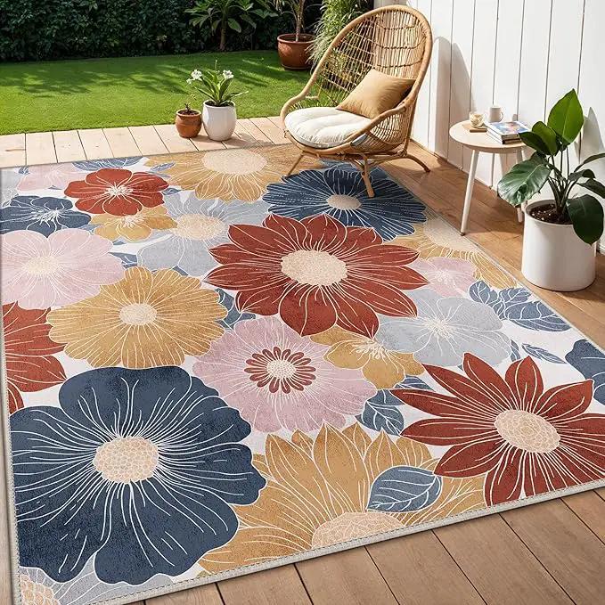 GENIMO Indoor Outdoor Area Rug 6' X 9' Waterproof, Washable Patio Rug Non Shedding, Easy Cleaning Floral Outdoor Carpet for Living Room, Bedroom, Dining Room, Balcony, Backyard, Deck, RV, Red Blue by GreenHaven Gardens