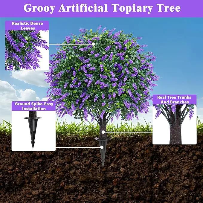 Artificial Boxwood Topiary Ball with Lavender, Set of 2 Artificial Shrub Bushes with Ground Spike, Fake Evergreen Tree for Porch, Artificial Plants for Outdoor Planters Indoor UV Resistant by GreenHaven Gardens