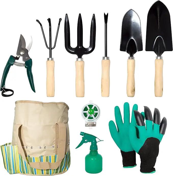 Garden Tools Set 10 Pcs, Heavy Duty Gardening Tool Kit with Storage Organizer, Ergonomic Hand Digging Weeder/Rake/Shovel/Fork/Sprayer/Gloves/Plant Rope/Pruner by GreenHaven Gardens