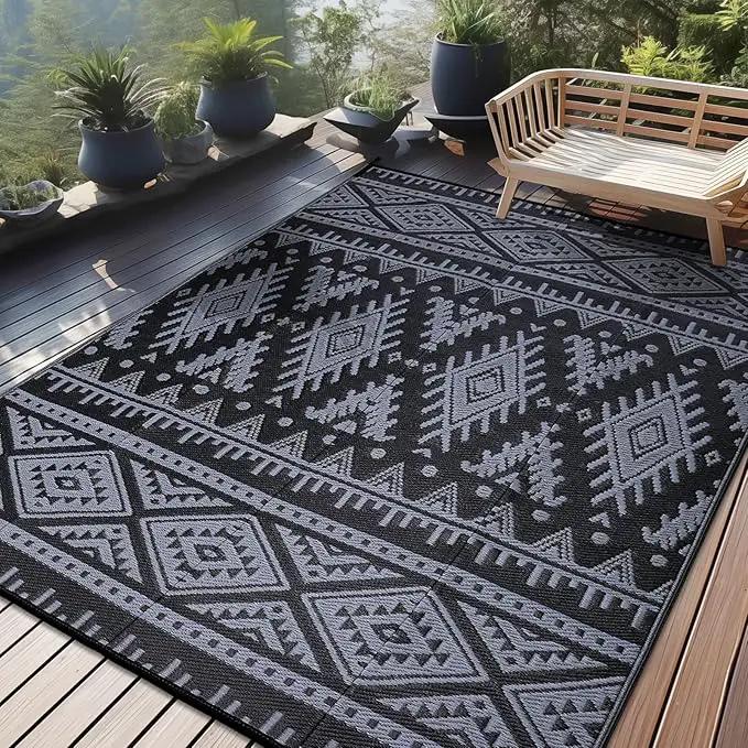 OLANLY Outdoor Rug Waterproof 9x12 ft, Reversible Outdoor Plastic Straw Rug, Boho Patio Rug, Indoor Outdoor Carpet, RV Mat Outside for Patio, Camp, Picnic, Balcony, Deck, Backyard, Black & Grey by GreenHaven Gardens