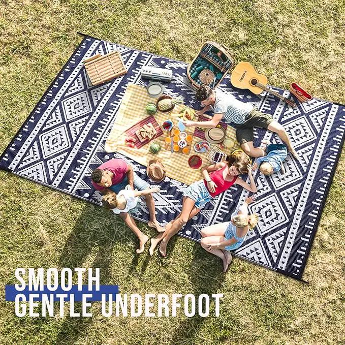 OLANLY Outdoor Rug Waterproof 10x14 ft, Reversible Outdoor Plastic Straw Rug, Boho Patio Rug, Indoor Outdoor Carpet, RV Mat Outside for Patio, Camp, Picnic, Balcony, Deck, Backyard, Navy & White by GreenHaven Gardens