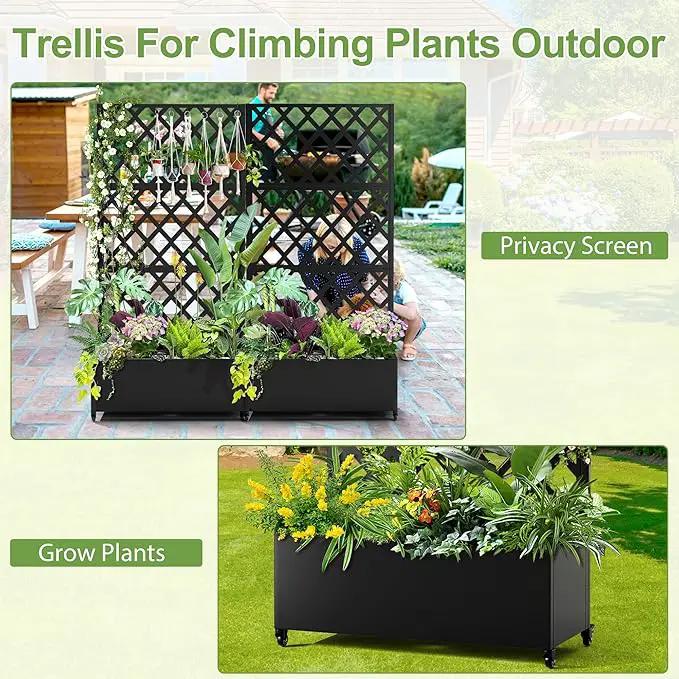 Metal Planter Trellis Box with Wheels & Drain Plug Outdoor Raised Garden Bed Patio Privacy Screen with Planter for Climbing Plants, Vegetables 73"x35"x16" Black-Diamond by GreenHaven Gardens