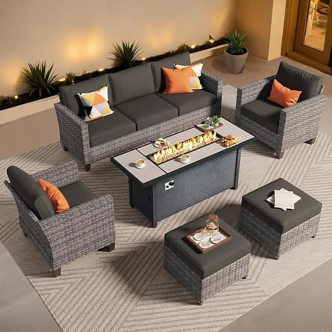 ovios 6 Pieces Patio Furniture Set with 54" Fire Pit Table, Outdoor Wicker Sofa with Comfy Cushions, All Weather High Back Rattan Couch Conversation Set, Black by GreenHaven Gardens