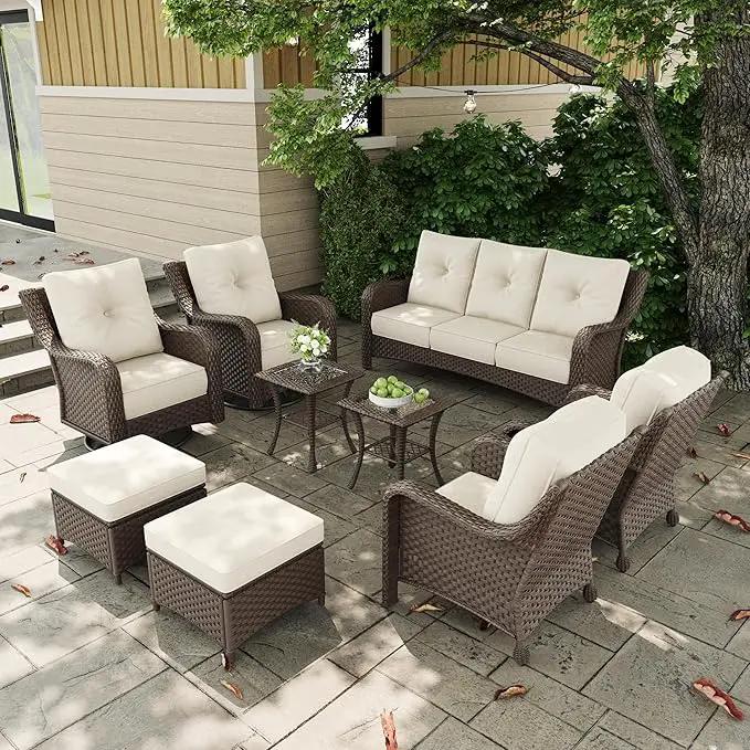9 Pieces Outdoor Patio Furniture Sets with Rocking Swivel Chairs with 6-inch Thick Cushion and Side Table for Deck Lawn by GreenHaven Gardens