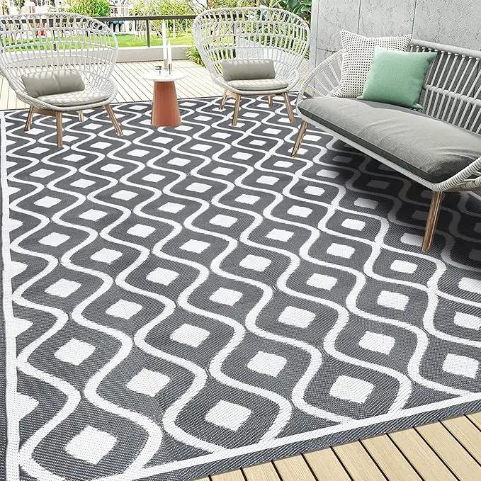Pauwer Reversible Outdoor Rug, 9'x12', Waterproof, Polypropylene, Moroccan Grey, Area Rug for Patio, RV, Camping, Picnic, Backyard, Deck, Balcony, Porch by GreenHaven Gardens