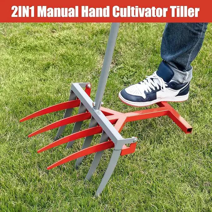 2-in-1 Broad Fork Garden Tool, Manual Hand Cultivator & Tiller, Heavy Duty Twist Tiller with 5+4 Steel Tines, Pitchfork for Soil Loosening, Digging, and Lawn Aeration by GreenHaven Gardens