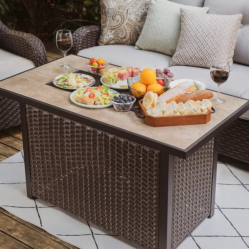 Nuu Garden Propane Fire Pit Table, CSA Certified 43 Inch 50,000 BTU Outdoor Propane Gas Fire Pit Table, Propnae Fire Pit with Ceramic Tabletop, Oxford Cover, 7 lbs Glass Stone, Dark Brown and Coffee by GreenHaven Gardens