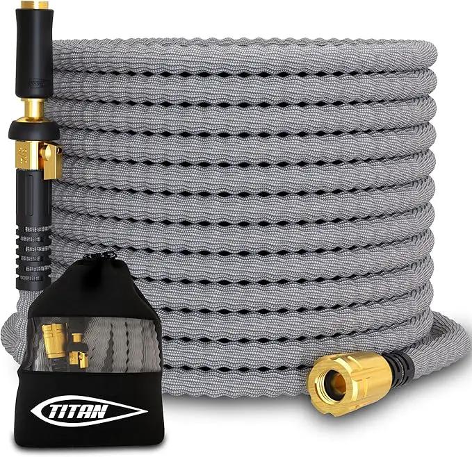 TITAN Flexible Garden Hose 50FT – Ultra Lightweight, Heavy Duty Water Hose with Brass Fittings & Jet Nozzle – Kink-Free, Non-Expanding, Durable Fabric Hose for Yard, Lawn, Car Wash, Outdoor Use by GreenHaven Gardens