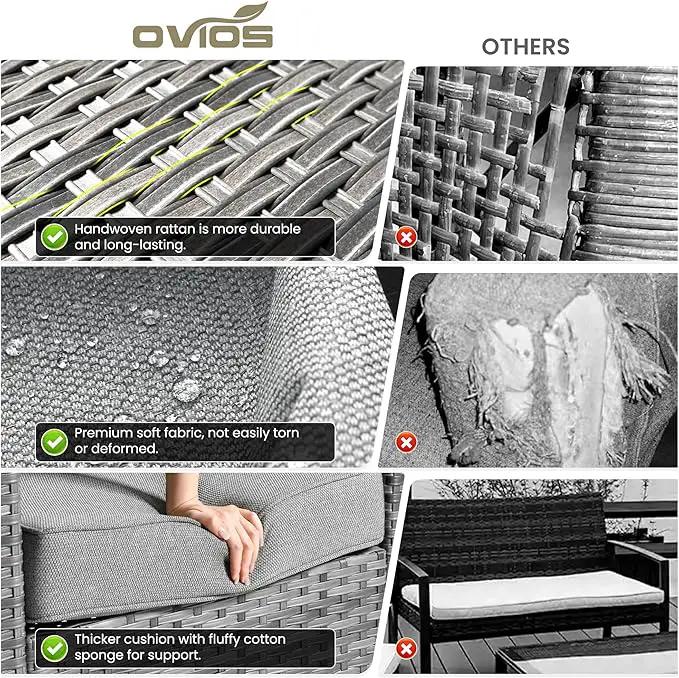 ovios 7 Pieces Patio Furniture Set with 54" Fire Pit Table, Outdoor Wicker Sofa with Comfy Cushions, All Weather High Back Rattan Couch Conversation Set, Dark Grey by GreenHaven Gardens