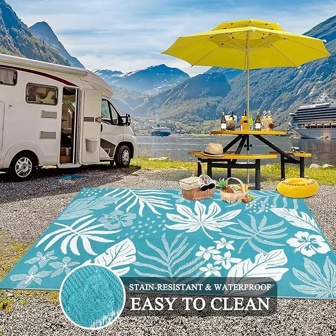Pauwer Waterproof Outdoor Rug 6x9, Reversible Plastic Straw Patio Camping Rug, Indoor Outdoor RV Mat Carpet for Deck, Camper, Porch, Balcony, Backyard, Picnic, Floral Teal by GreenHaven Gardens