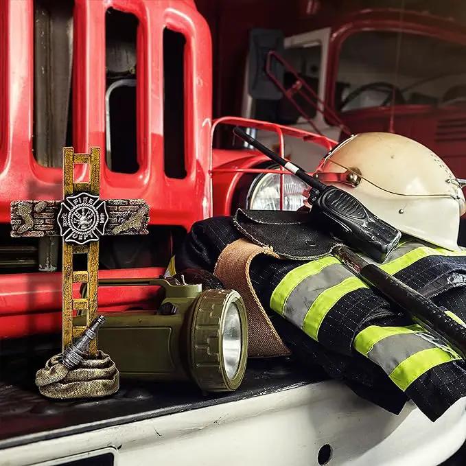 Firefighter Accessories, Fireman Standing Cross Statue Memorial 10", Fire Fighter Gifts by GreenHaven Gardens