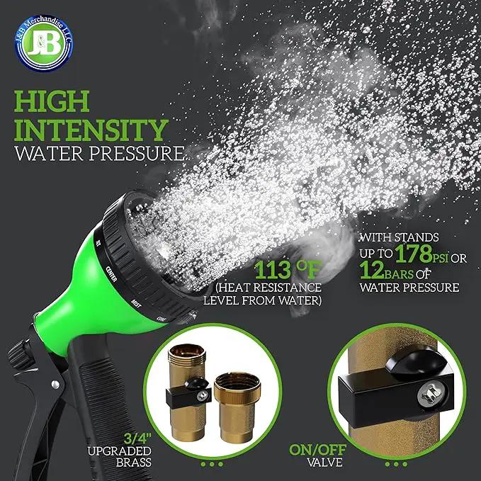 J&B XpandaHose 50ft Expandable Garden Hose with Holder - Heavy Duty Superior Strength 3750D - 4 -Layer Latex Core - Extra Strong Brass Connectors and 10 Spray Nozzle w/Storage Bag (Green 50) by GreenHaven Gardens