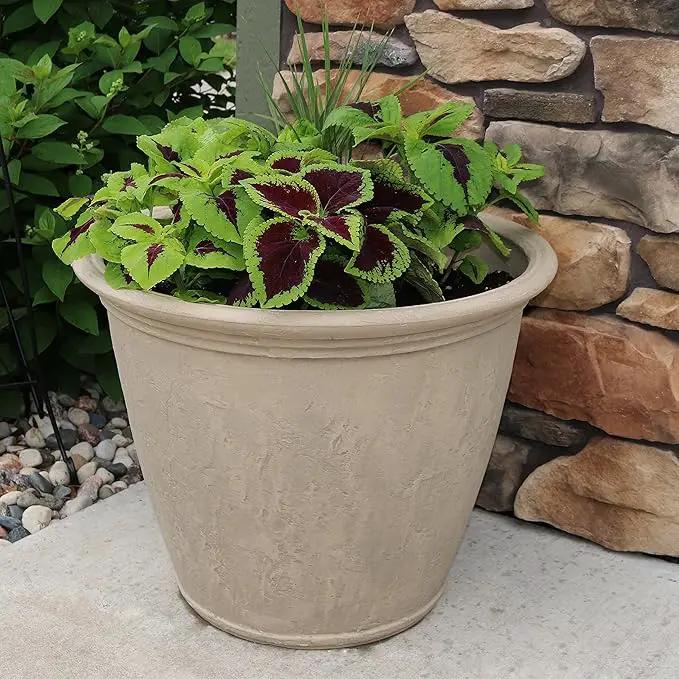 Sunnydaze 24-Inch Anjelica Large Plastic Pot for Plants - Outdoor Polyresin Round Planter with Drillable Drainage Holes - Beige - 4pk by GreenHaven Gardens