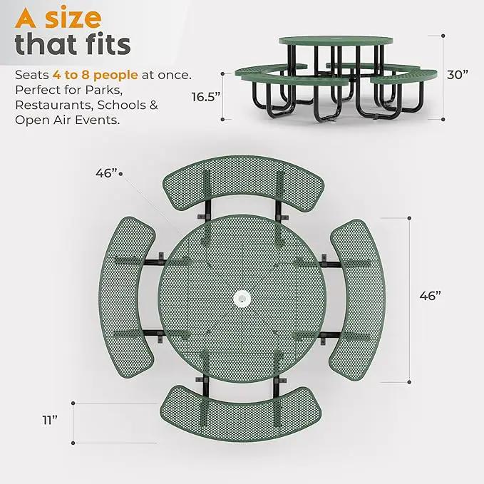Metal Picnic Tables for Outdoors with Umbrella Hole - Coated Steel Heavy Duty Commercial Grade Table with Adjustable Seats (Green, 46 in, Round, Punched Steel) by GreenHaven Gardens