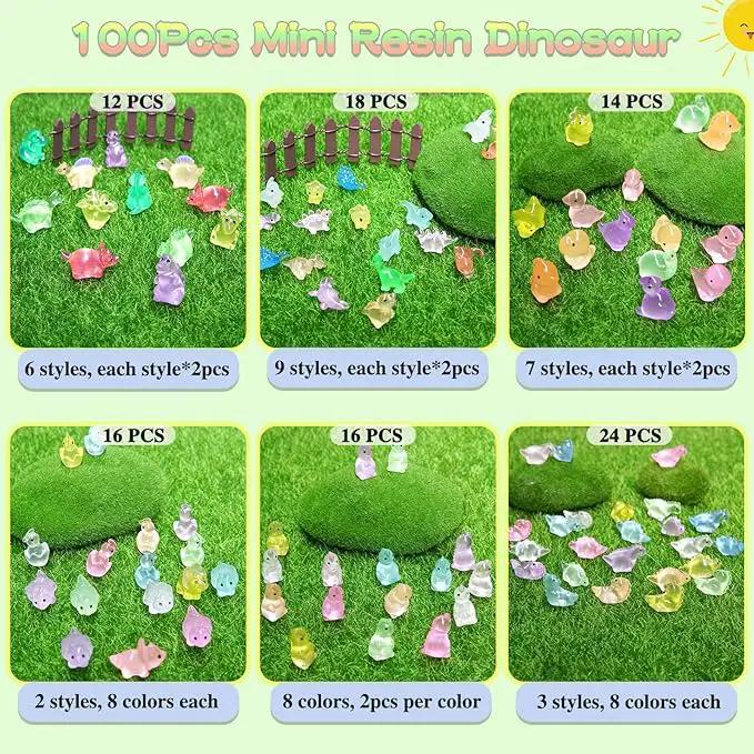100PCS Luminous Mini Resin Dinosaur Glow in The Dark, 28 Styles Tiny Animals for Hide Garden Micro Landscape Dollhouse Decor Craft by GreenHaven Gardens