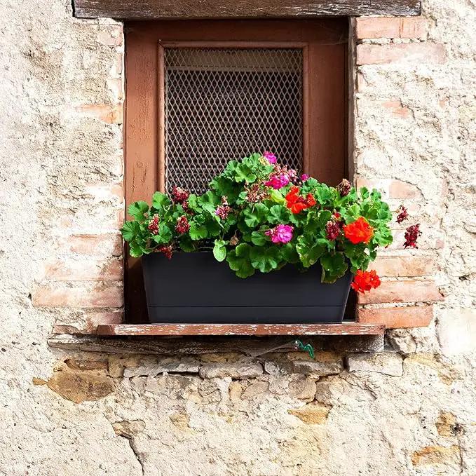 GREANER Black Rectangle Window Boxes, 3 Pack 12x3.8 Inch Herb Planters with Tray, Indoor Succulent Cactus Mint Plastic Pot for Windowsill, Garden Balcony, Office Outdoor Decoration by GreenHaven Gardens
